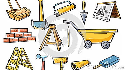 Doodle icons for construction and building. Wheelbarrow with sand, crane, brick wall, trowel, palette and blueprint Stock Photo