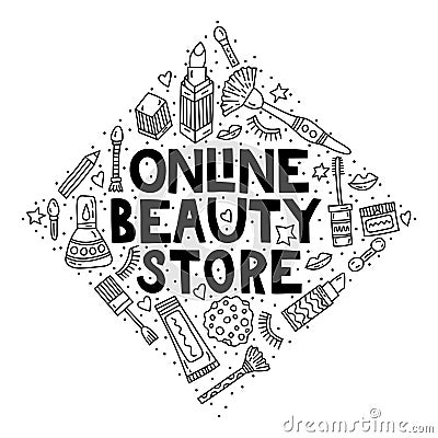 Online beauty store. Lettering with doodles Vector Illustration