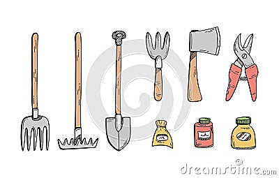 Doodle illustration of a set of gardening tools. Farming Vector Illustration