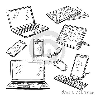 Doodle illustrations of different devices laptop, smartphone, tablet, pc and other. Vector pictures set Vector Illustration