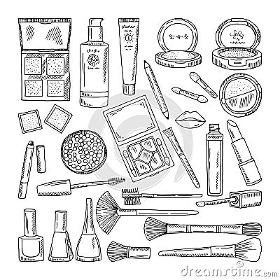 Doodle illustrations of woman cosmetics. Makeup tools for beautiful women Vector Illustration