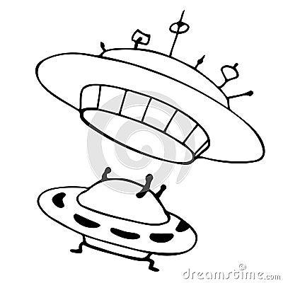 Doodle image of flying saucers. UFO spaceship, vector illustration for world ufologist day Vector Illustration