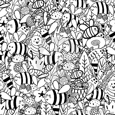 Doodle insects black and white seamless patterns - bees, flies, bugs, spiders, worms, leaves Vector Illustration