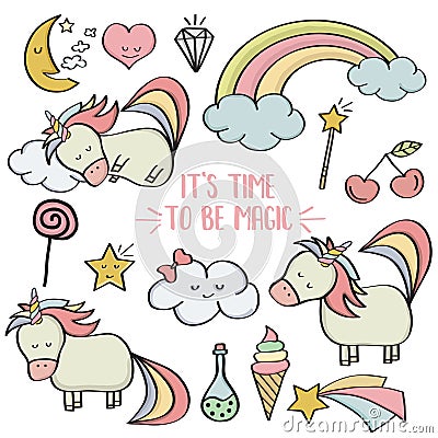 Doodle items collection with unicorns and other fantasy magical Vector Illustration