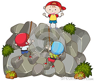 Doodle Kids Doing Rock Climbing Vector Illustration