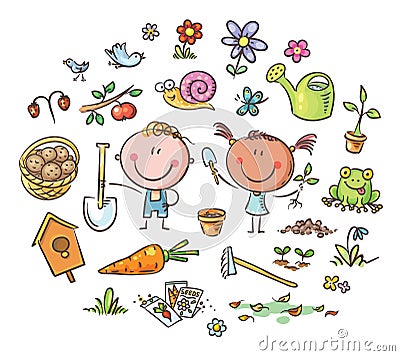 Cartoon doodle kids in the garden, clipart set Vector Illustration