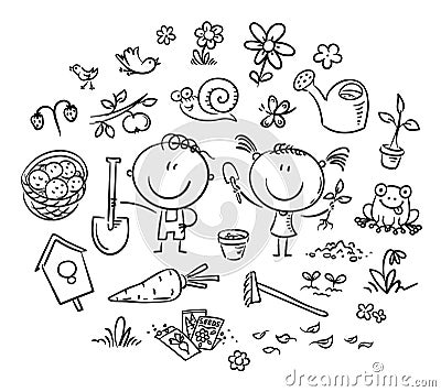 Cartoon doodle kids in the garden, outline clipart set Vector Illustration