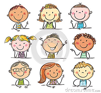 Doodle kids set - happy children heads, cartoon characters Vector Illustration