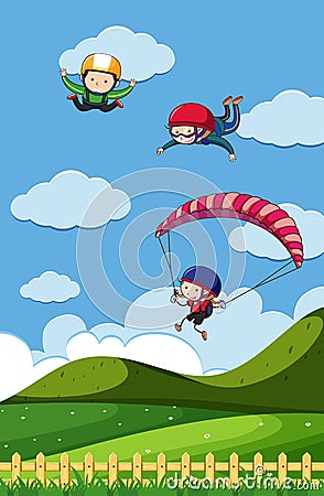 Doodle Kids with Sky Activities Vector Illustration
