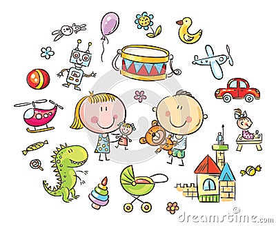 Doodle kids with toys set, hand drawing Vector Illustration