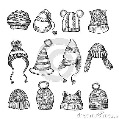 Doodle knitting hats Vector Illustration