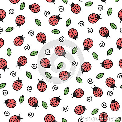 Doodle ladybugs seamless pattern. Vector repeating baby background with cute beetles and leaves Cartoon Illustration