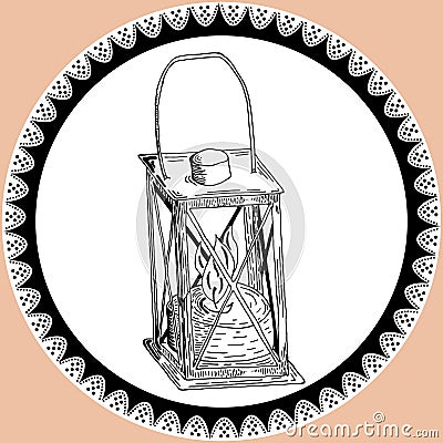 Doodle lantern, kerosene lamp in vintage style with lace. Silhouette of lamp hand drawn in black and white colors Vector Illustration