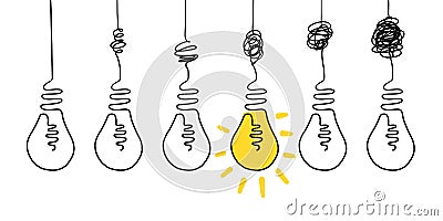 Doodle line lightbulb. Simple messy mind process, complicated simplicity path idea concept, vector scribble illustration Vector Illustration