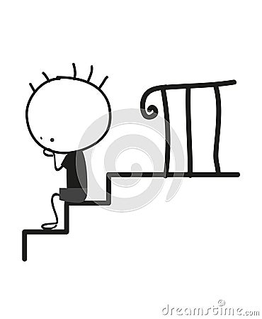 Doodle little boy sitting on stairs Vector Illustration