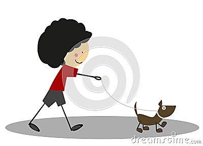 Doodle Little Cute boy walking with dog - Full Color Vector Illustration