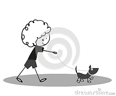 Doodle Little Cute boy walking with dog Vector Illustration