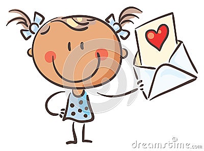 Doodle little girl holding greeting card with heart, cartoon kid illustration, valentine clipart Vector Illustration