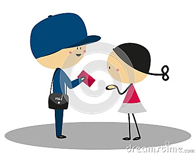 Doodle little girl received a letter from the postman - Full Color Vector Illustration