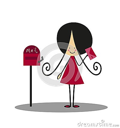 Doodle Little girl Sending Letter - Full Color Vector Illustration