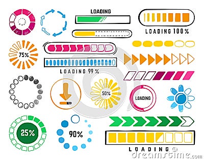 Doodle loading bars, update and internet load bar. Isolated status of progress, download and speed hand drawn elements Vector Illustration