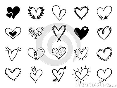 Doodle love heart. Loving cute hand drawn sketched hearts, doodle valentine heart shape drawing elements for greeting Vector Illustration