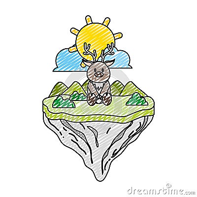 Doodle male deer animal in float island Vector Illustration