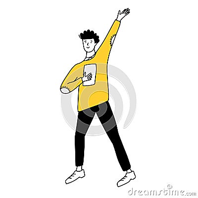 Doodle man with raised hand in yellow sweater and black pants. Simple line drawing of student with book. Vector joyful Vector Illustration