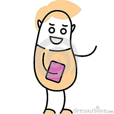 Doodle man using mobile phone vector icon Vector Illustration