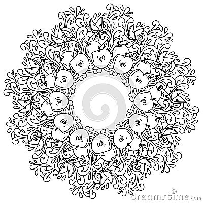 Doodle mandala with fruits and abstract patterns, apple whole and half in a contour frame in forem anti stress coloring page Vector Illustration