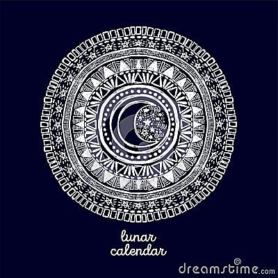 Doodle mandala with moon in its center Vector Illustration