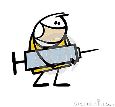 Doodle masked doctor holds a huge syringe with a vaccine against the virus and disease. Vector illustration of salvation Vector Illustration