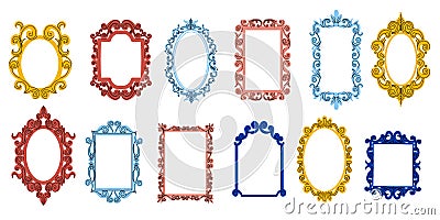 Doodle mirror frames. Antique ornate decorative borders, modern elegant maiden photo frame design cartoon style. Vector Vector Illustration