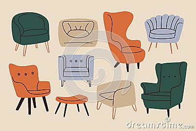 Doodle modern furniture set. Comfy chairs mid century contemporary style, vector armchairs, room decoration interior Vector Illustration