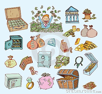 Doodle money icon set , hand drawn illustration Vector Illustration