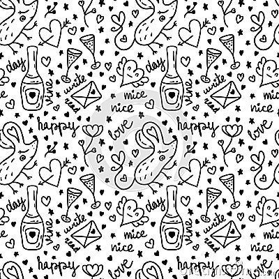 Doodle monochrome valentine seamless pattern with cute mice. Perfect for wrapping paper, background, fabric, textile. Retro style Vector Illustration