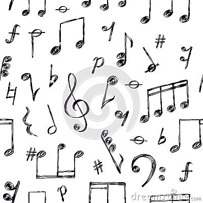 Doodle music notes, signs and clefs, melody seamless pattern. Hand drawn sketch song sound symbols wallpaper. Musical Vector Illustration