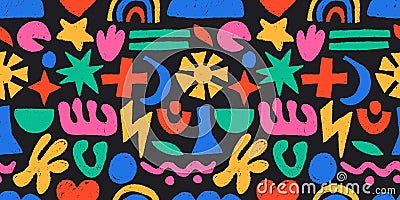 Doodle naive shapes pattern. Seamless print of abstract funny hand drawn scribble blobs, abstract crayon brush pencil elements for Vector Illustration