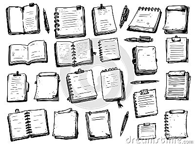 Doodle notebook sheets set. Hand drawn notes memo, diary on string bullet journal paper reminder and pens vector Vector Illustration