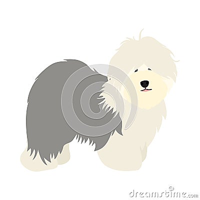 Doodle Old English Sheepdog puppy stands sideways isolated on white background. Cute cartoon long haired dog puppy. Cartoon Illustration