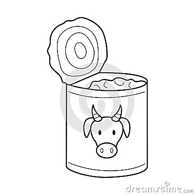 Doodle An open tin can with beef stew. Food, dry rations for field conditions, camping, hiking, traveling. Outline black and white Vector Illustration
