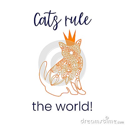 Doodle orang cat mandala with crown and quote - cats rule the world, for page adult coloring books, animal vector Vector Illustration
