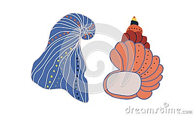 Doodle Ornamental Seashell with Hard Marine Shell Vector Set Vector Illustration