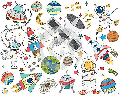 Doodle Outer Space Collections Set Vector Illustration