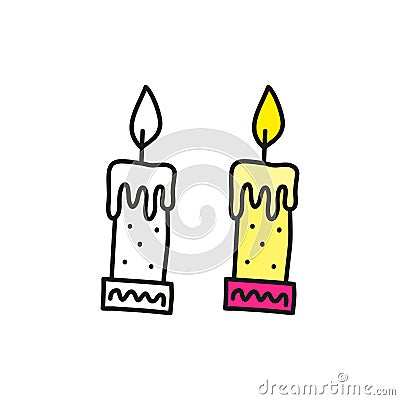 Doodle outline and colored candle. Vector Illustration