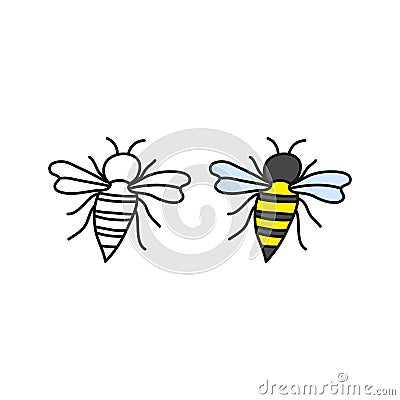 Doodle outline and colored honey bee icons. Vector Illustration