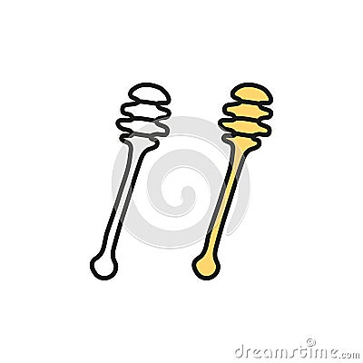 Doodle outline and colored honey dipper. Vector Illustration