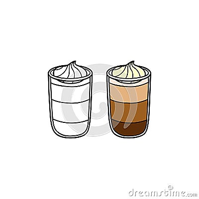 Doodle outline and colored latte coffee. Vector Illustration