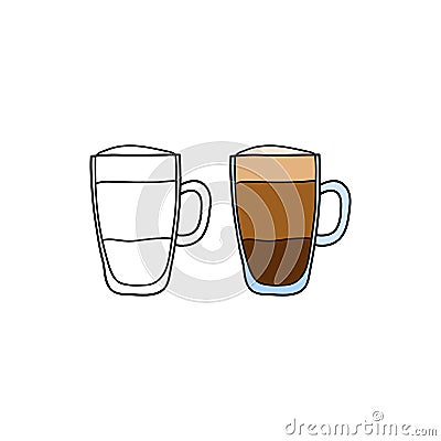 Doodle outline and colored latte coffee. Vector Illustration