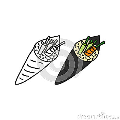 Doodle outline and colored temaki sushi. Vector Illustration